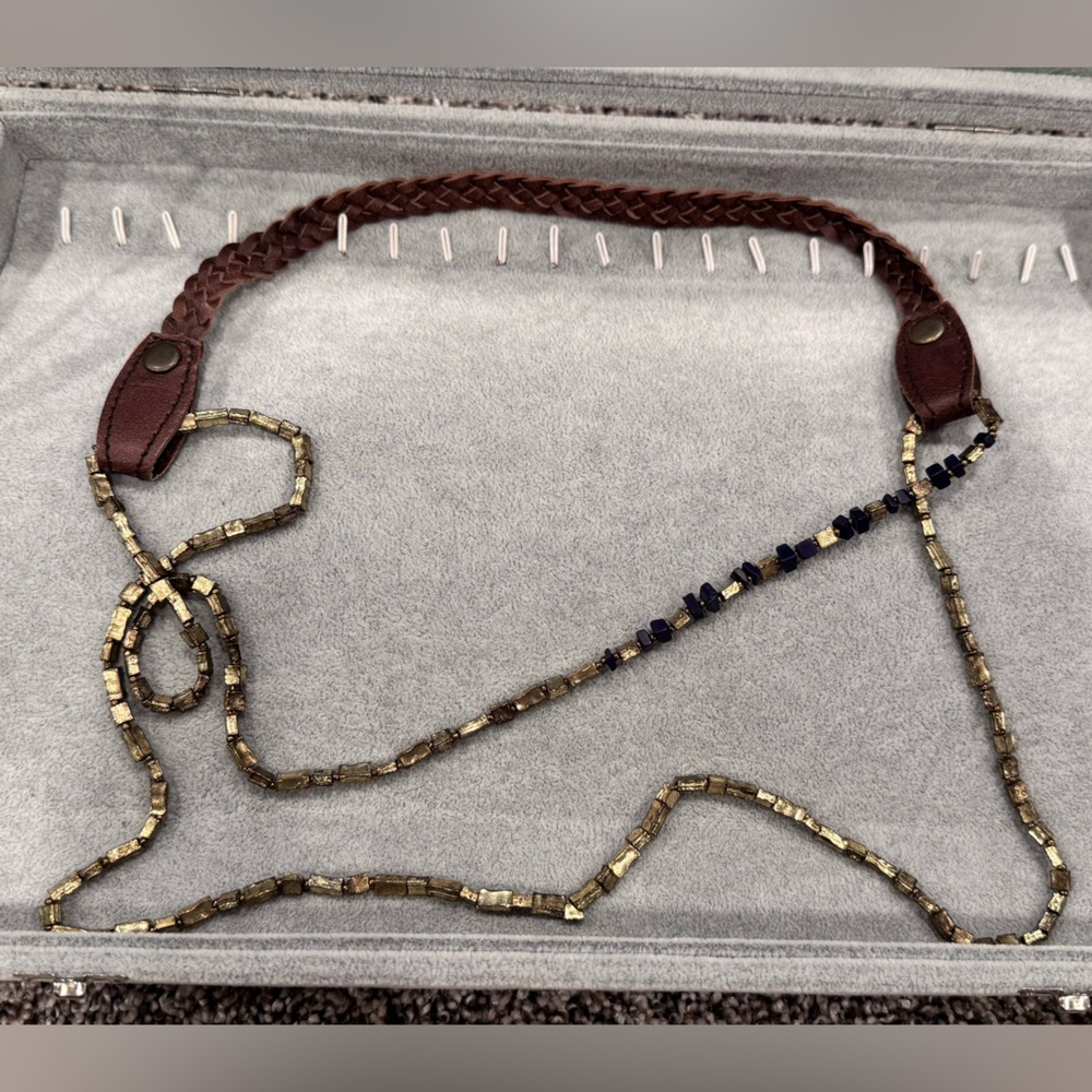 Noonday Collection Gold and Navy Beaded Necklace w/ Leather Extender